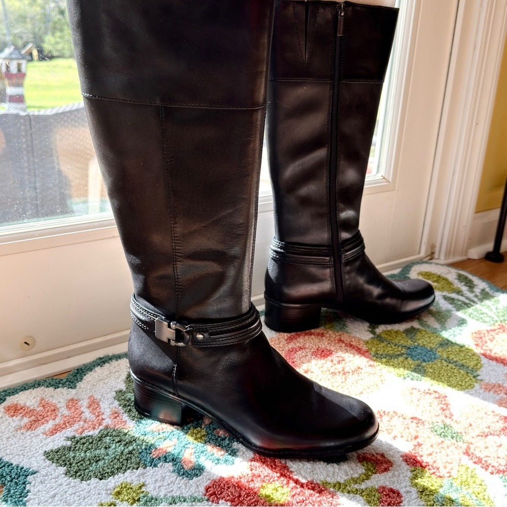Bandolino Black Leather Knee High Riding Boots Buckle Zip Equestrian